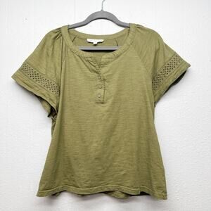 Jane & Delancey Eyelet 1/4 Button Top Womens Large Cotton Dark Forest Fairy Boho